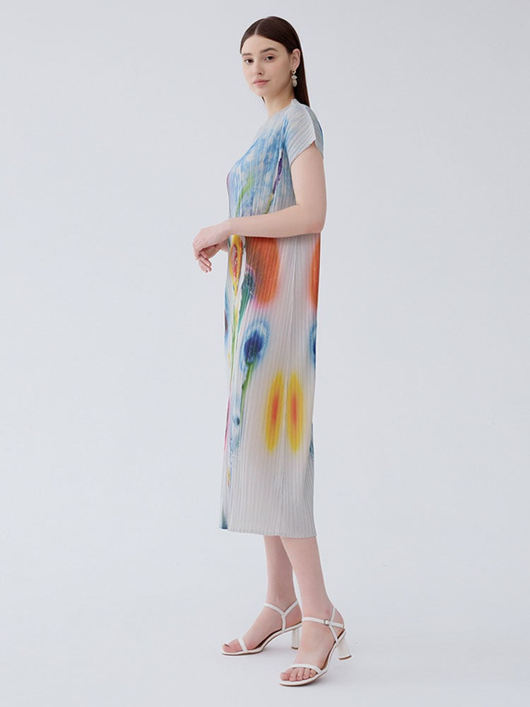 Bright Floral Half-High Neck Sleeveless Pleated Slim