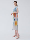 Bright Floral Half-High Neck Sleeveless Pleated Slim