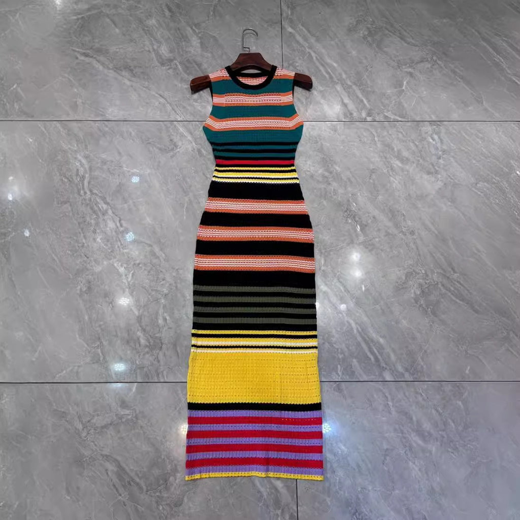 Horizontal Striped Sleeveless Slim Fit Jacquard Knit Dress