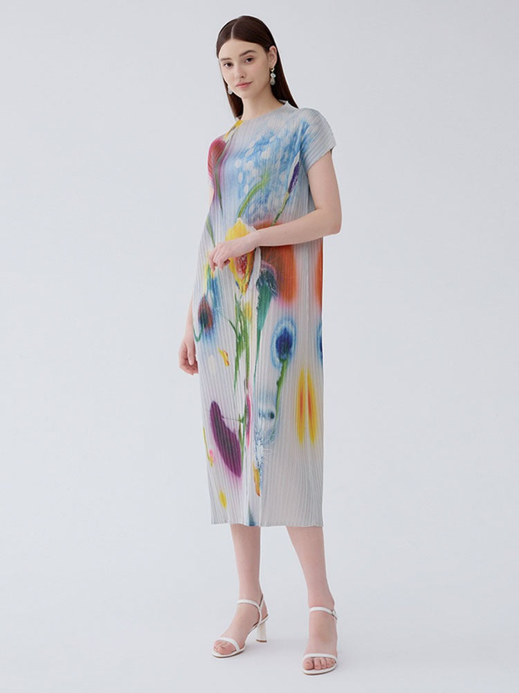 Bright Floral Half-High Neck Sleeveless Pleated Slim