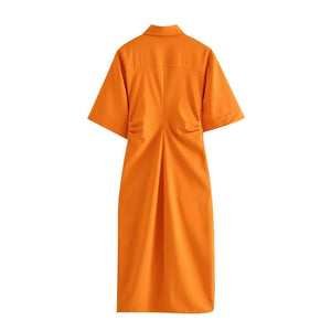 Vintage Button-Up Draped Midi Shirt Dress