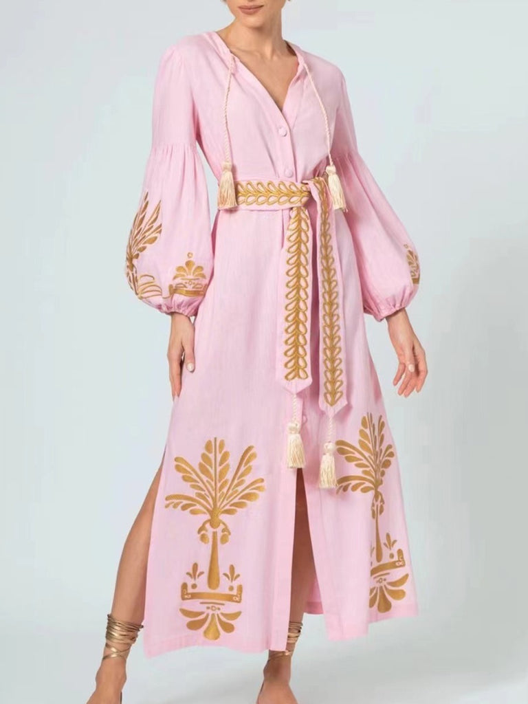 Lantern Sleeve Printed Long Dress