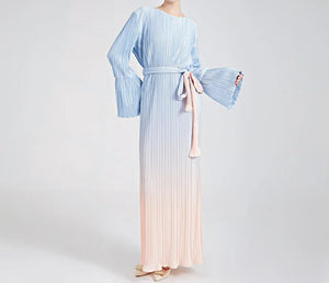 Bright Gradient Lace-Up Long Sleeve Elastic Waist Dress