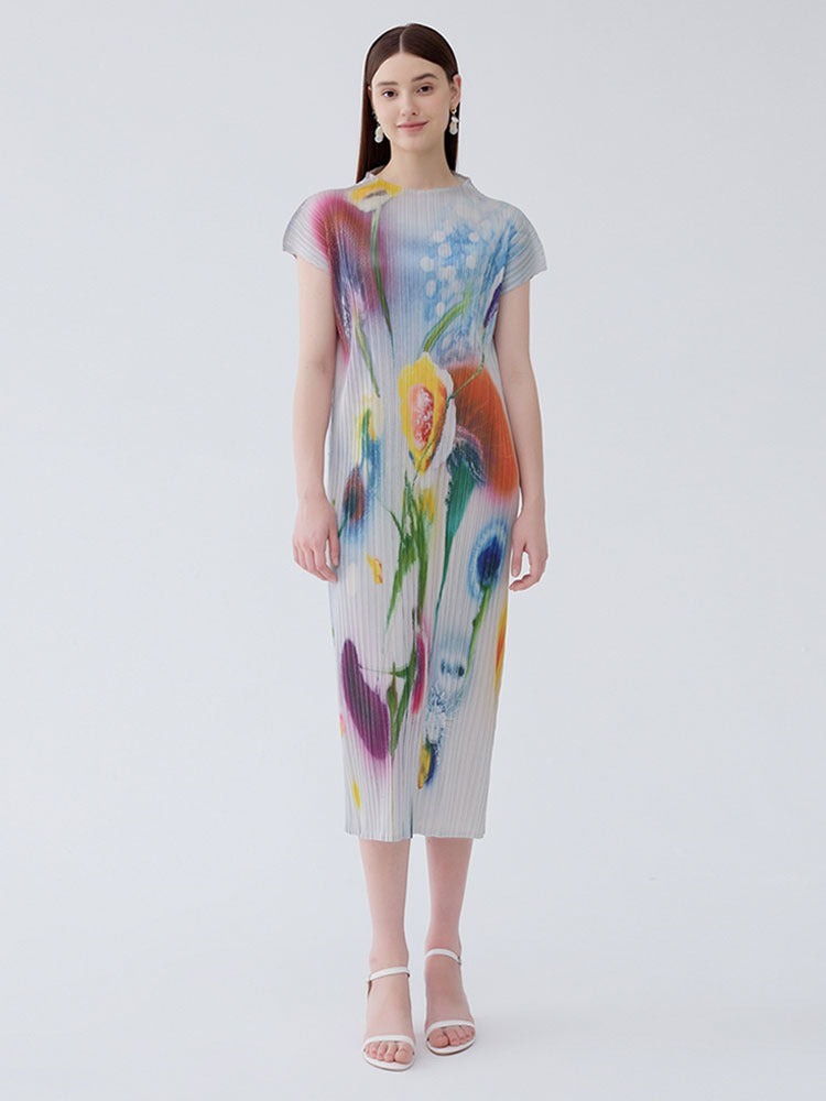 Bright Floral Half-High Neck Sleeveless Pleated Slim