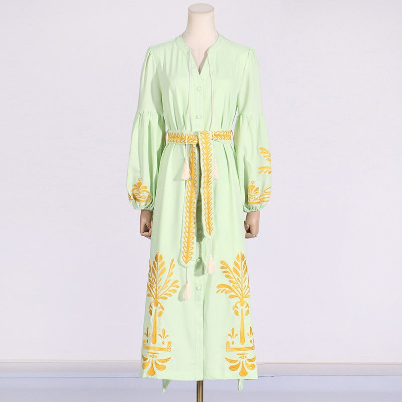 Lantern Sleeve Printed Long Dress