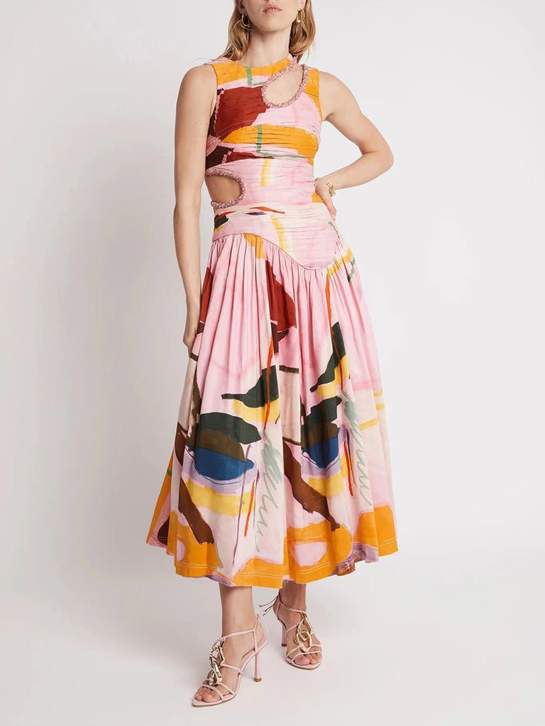 Bright Sleeveless Hollow Print Dress for Women