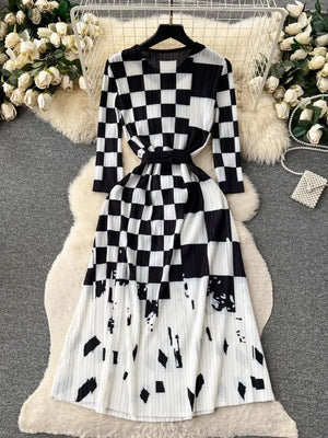 black and white long belted dress
