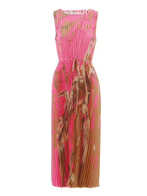 A sleeveless, lace-up long skirt with a floral pattern in pink and brown colors.