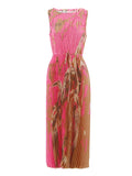 A sleeveless, lace-up long skirt with a floral pattern in pink and brown colors.