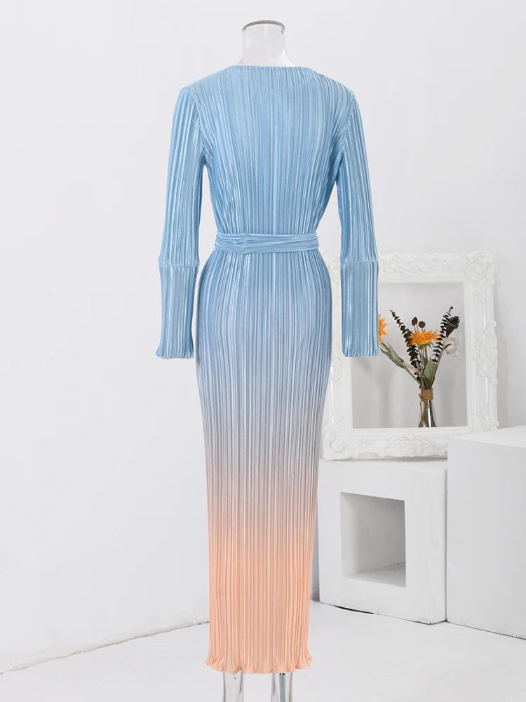 Bright Gradient Lace-Up Long Sleeve Elastic Waist Dress