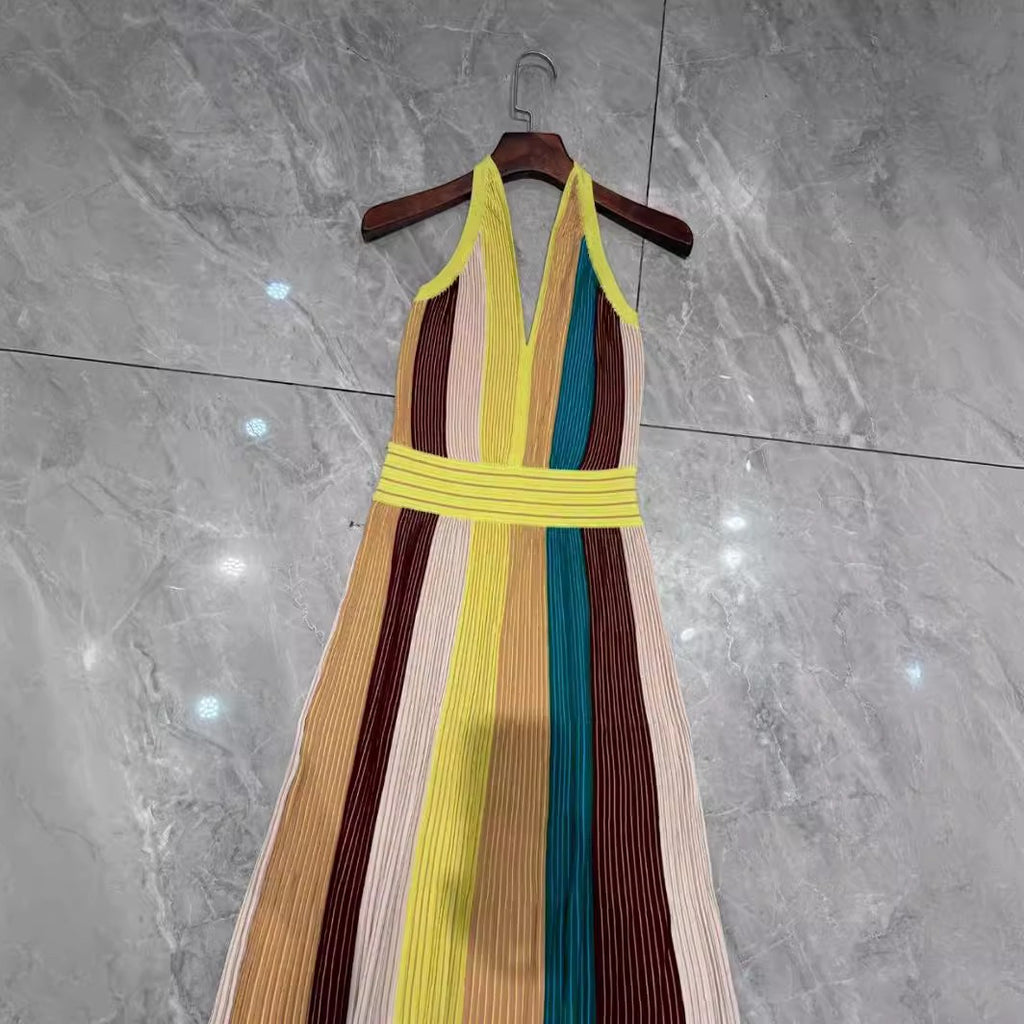 Bright Slim Fit Strap Neck Knitted Long Dress