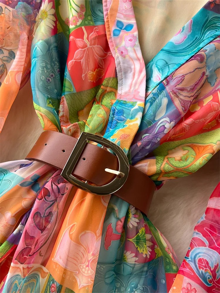 Floral Print Chiffon Dress With Belt Design