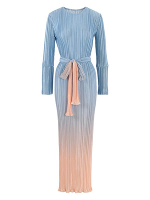 Bright Gradient Lace-Up Long Sleeve Elastic Waist Dress