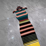Horizontal Striped Sleeveless Slim Fit Jacquard Knit Dress