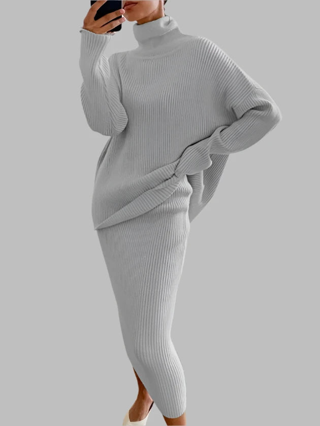 Grey Turtleneck Sweater Skirt Set