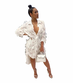 Feather Tassel Shirt Dress| Sexy White Mini Dress for Women 2025