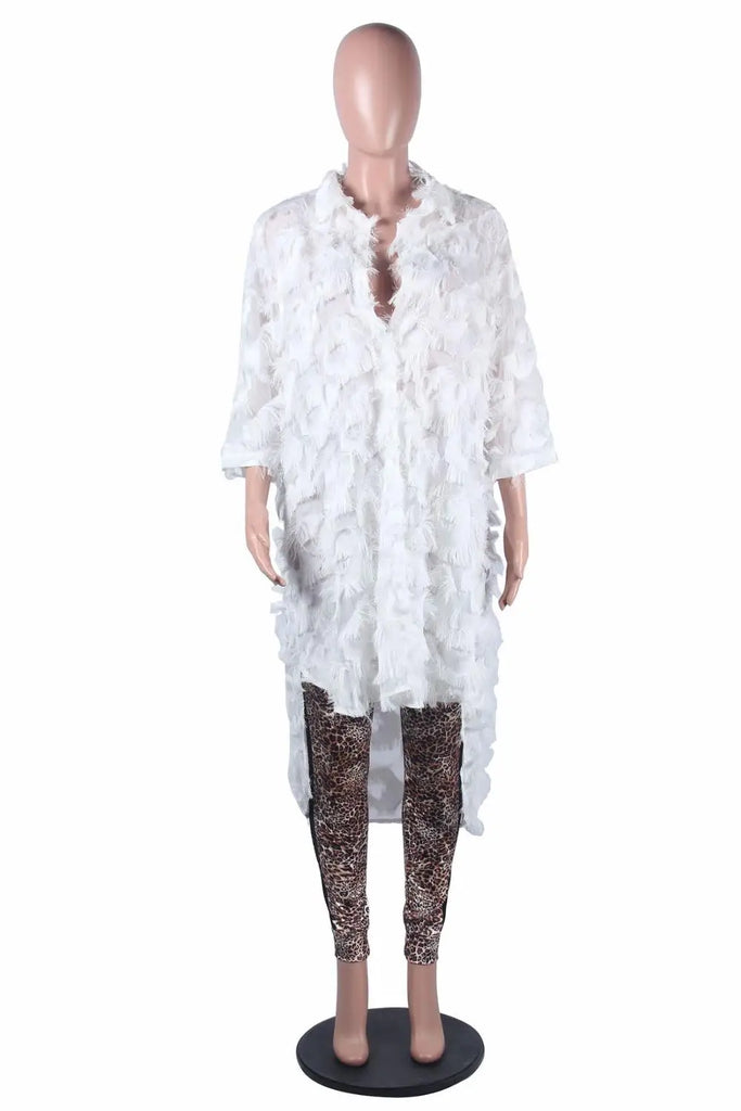 Feather Tassel Shirt Dress| Sexy White Mini Dress for Women 2025