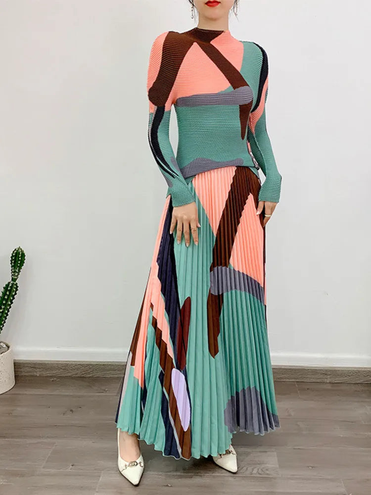 2-Piece Pleated Long Sleeve Top & Elastic Waist Skirt Set