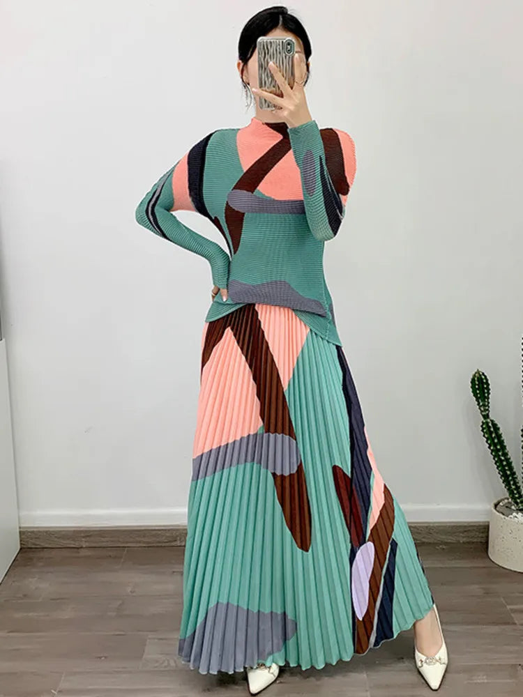 2-Piece Pleated Long Sleeve Top & Elastic Waist Skirt Set