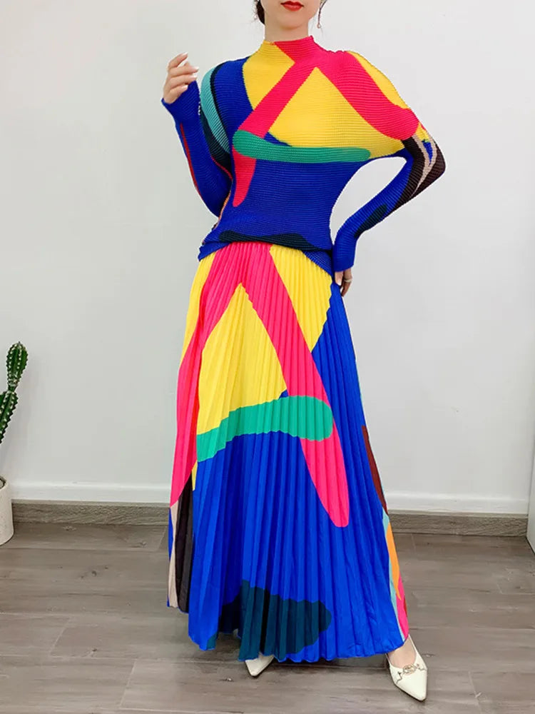 2-Piece Pleated Long Sleeve Top & Elastic Waist Skirt Set