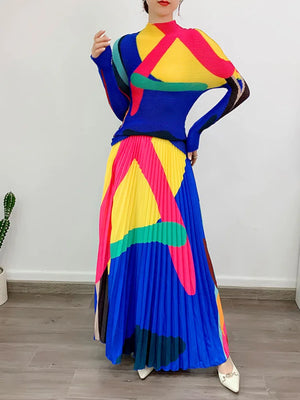 2-Piece Pleated Long Sleeve Top & Elastic Waist Skirt Set