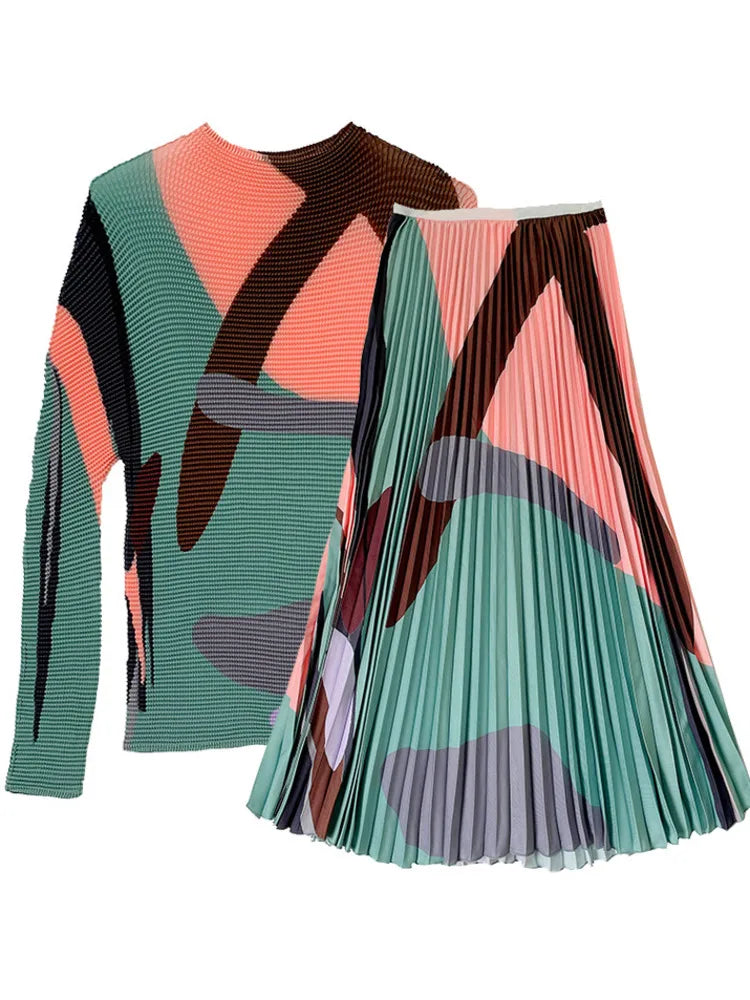 2-Piece Pleated Long Sleeve Top & Elastic Waist Skirt Set