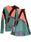 2-Piece Pleated Long Sleeve Top & Elastic Waist Skirt Set