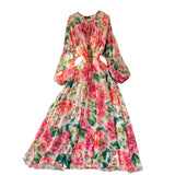Floral Print Chiffon Dress with Puff Sleeves and High Waist