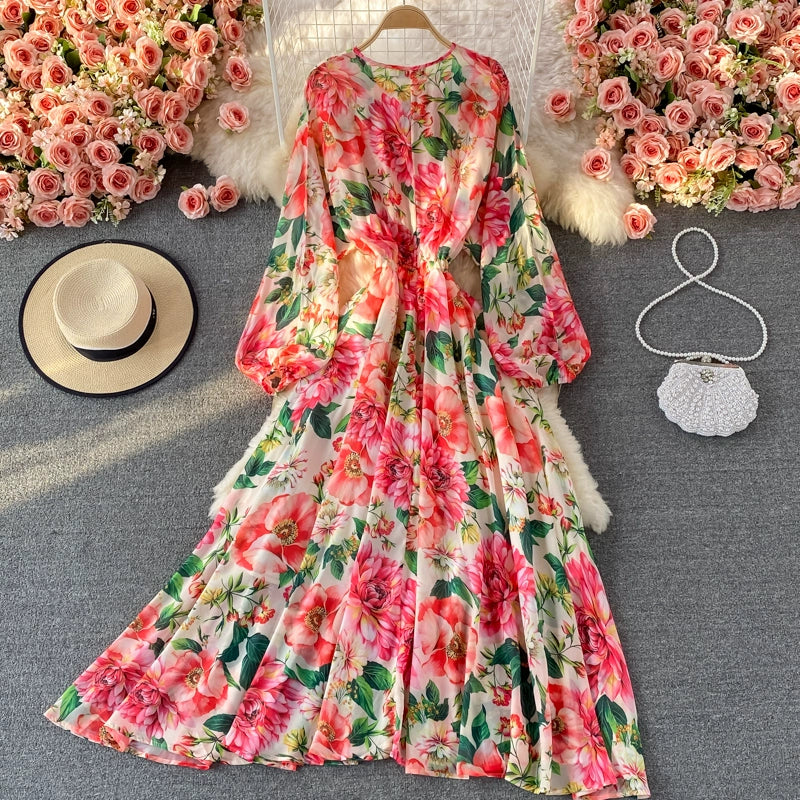 Floral Print Chiffon Dress with Puff Sleeves and High Waist