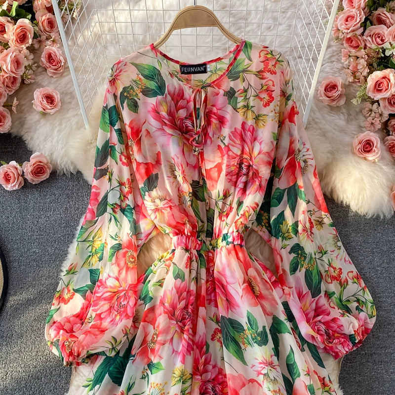 Floral Print Chiffon Dress with Puff Sleeves and High Waist