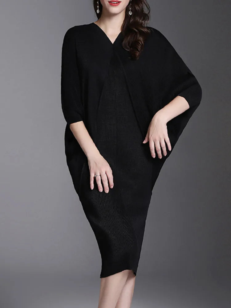 Miyake Solid Pleated Batwing Sleeve Mid-Calf Dress