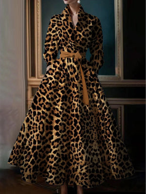 Leopard Print A-line Lapel Collar Dress