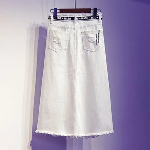 White Distressed Denim Mid-Calf Skirt| Chic Casual Women’s Skirt