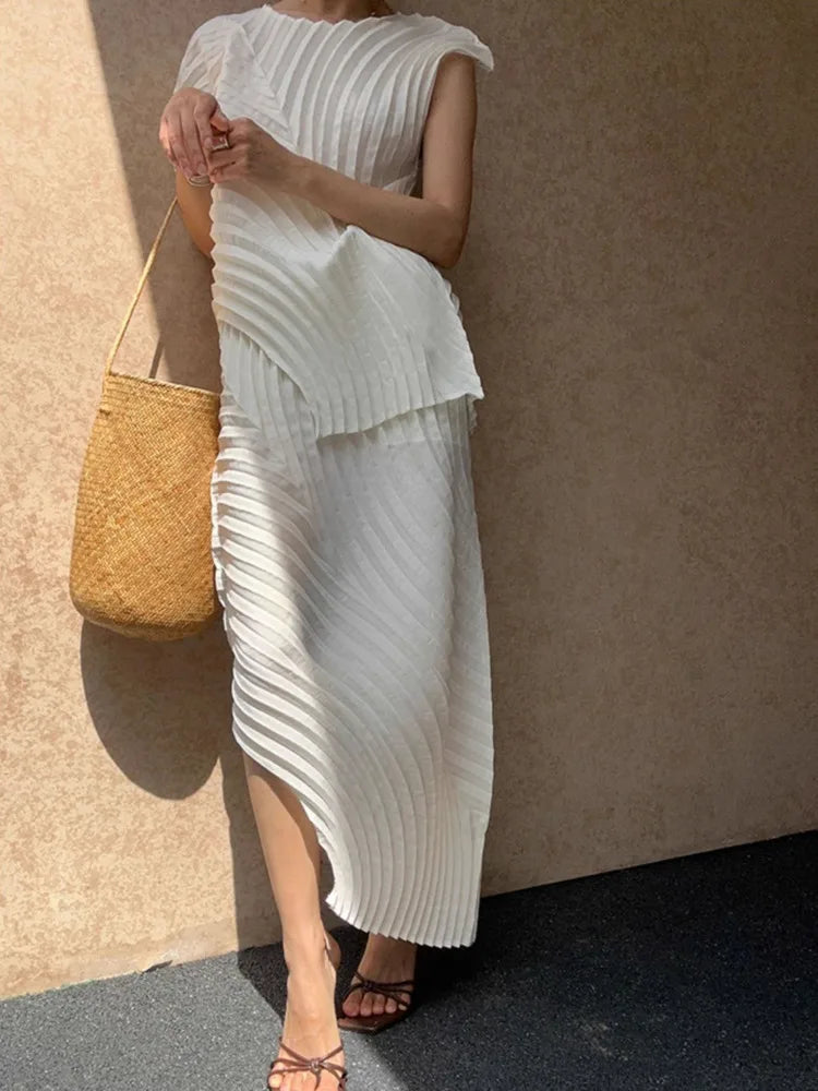 Irregular White Pleated Two-Piece Set