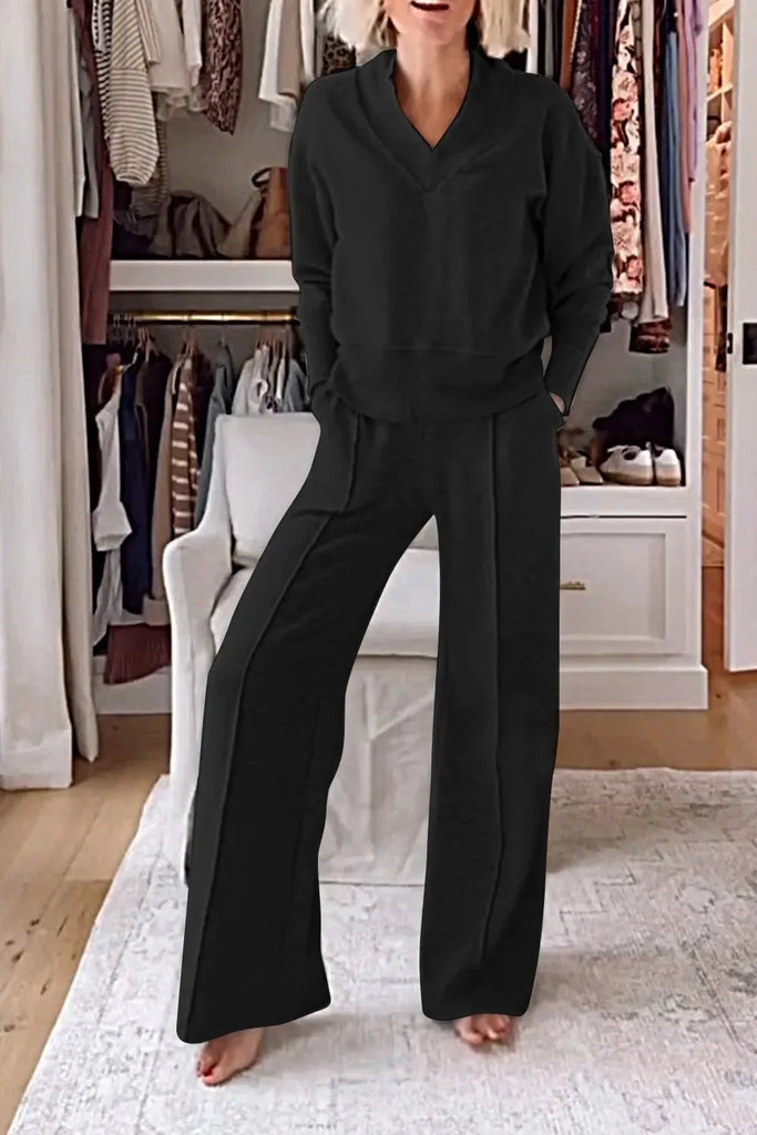 Two Piece Set - Loose Sweatshirt and Wide Leg Pant