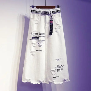 White Distressed Denim Mid-Calf Skirt| Chic Casual Women’s Skirt