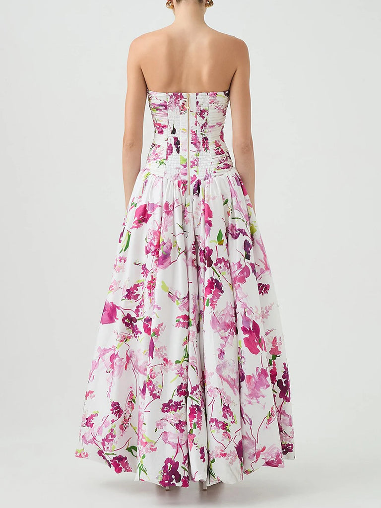 Floral strapless dress on a plain background