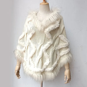 Warm Knitted Poncho With Real Raccoon Fur Stripe