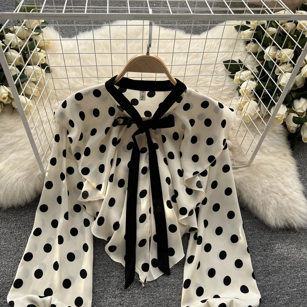 Vintage Polka Dot Long Sleeve Ruffle Shirt