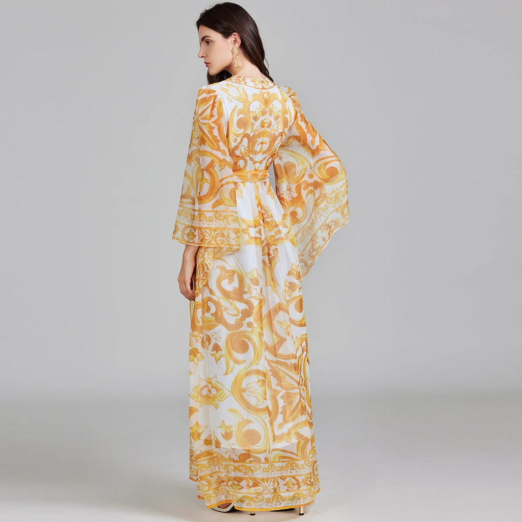 Golden White Porcelain Flower Print Maxi Dress