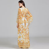 Golden White Porcelain Flower Print Maxi Dress