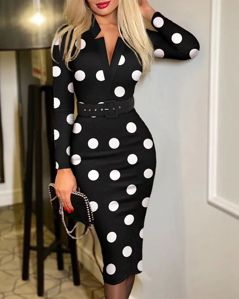 Polka Dot Midi Pencil Dress with Belt