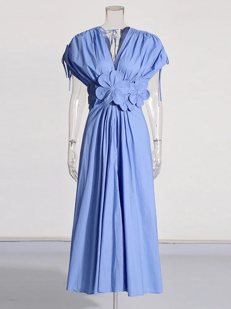 Spliced Bodice Floral Applique Spring Dress