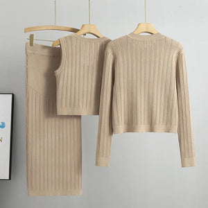 3-Piece Knitted Dress Set with Cardigan & Belt
