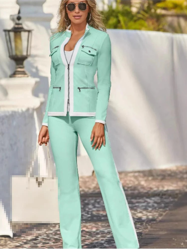 Elegant Two Piece Set - Slim Simple Zipper Top and Straight Sweatpants