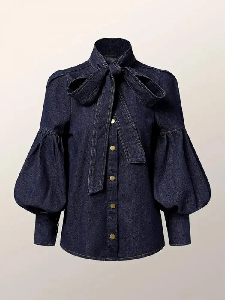 Bow-Embellished Denim Blouse Top