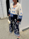 Printed Pants Sets Loose Long Sleeve Shirts Wide Leg Trousers