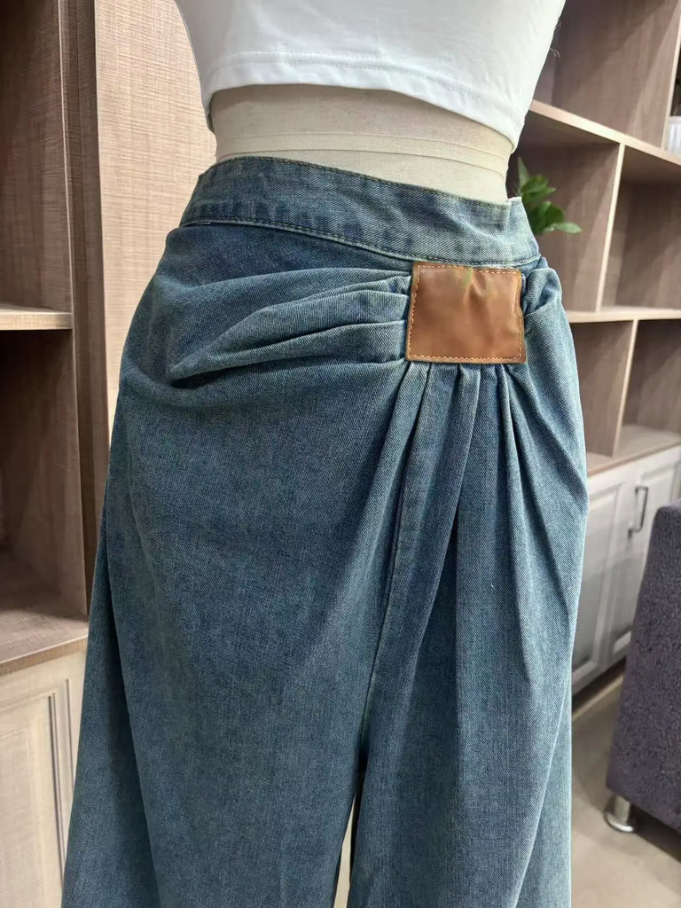 Ruched Waist Wide Leg Denim Trouser
