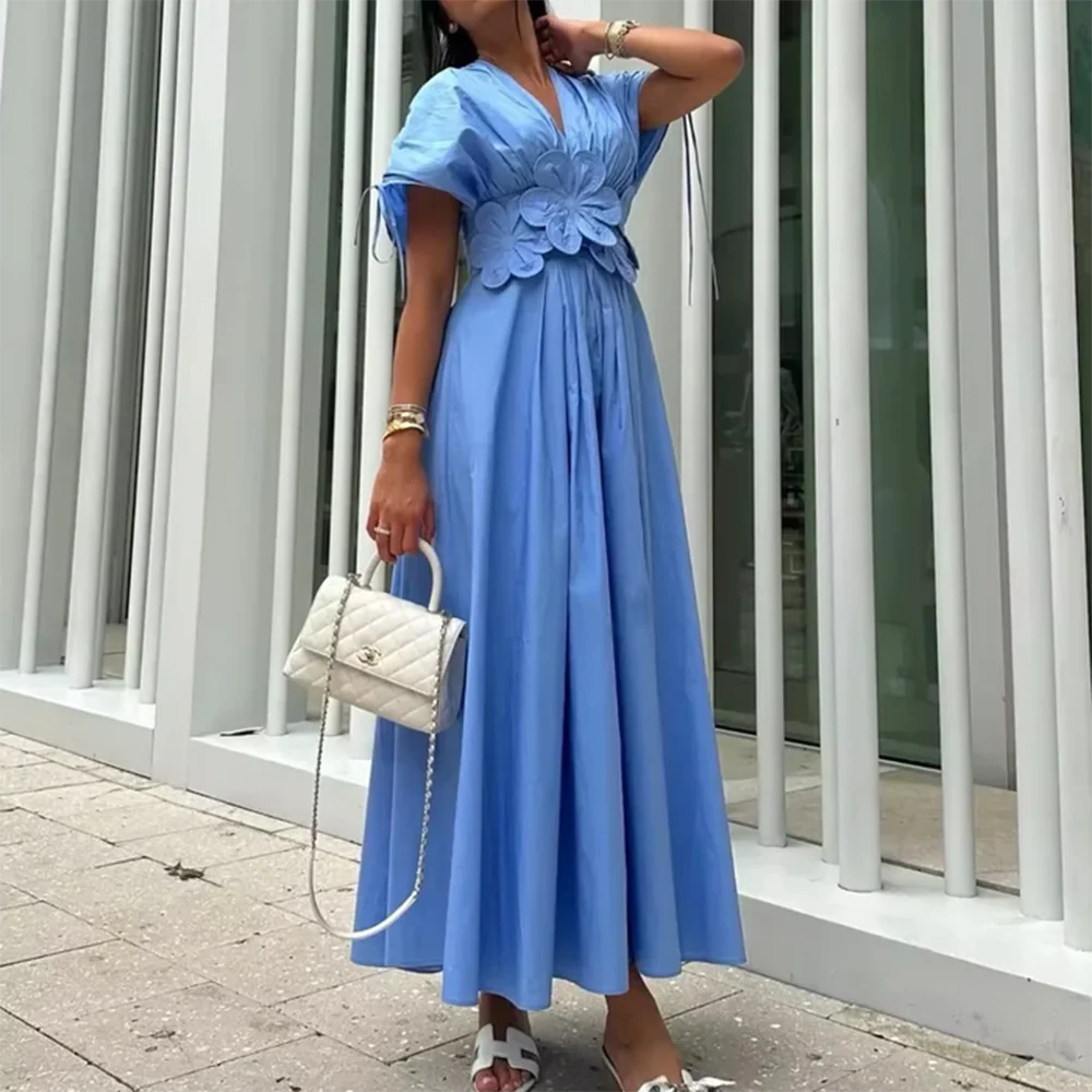 Spliced Bodice Floral Applique Spring Dress