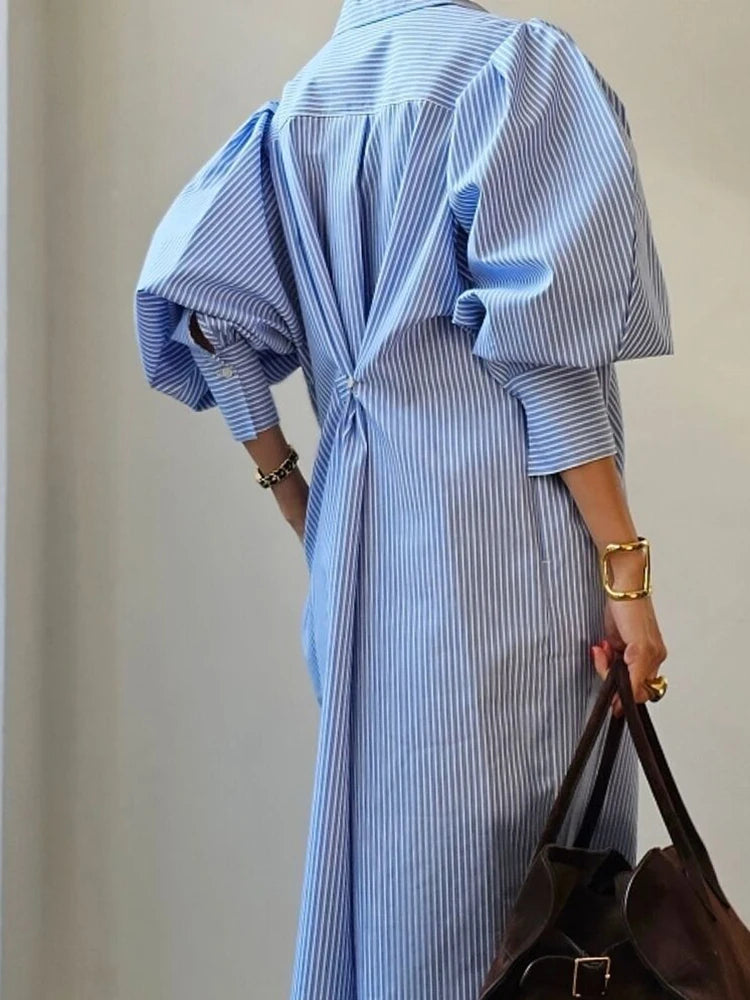 Cinched Waist Single Button Striped Dress